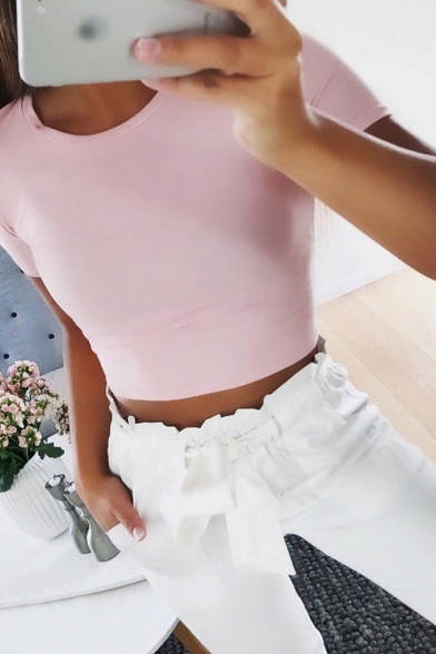 Summer Basic Round Neck Short Sleeve Simple Plain Slim Cropped T-Shirt for Girls