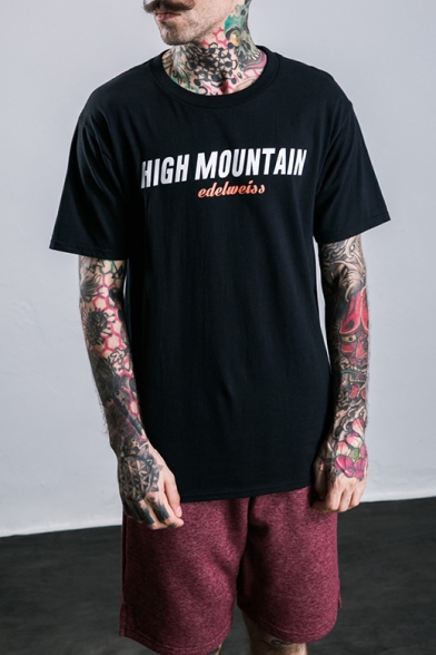 Summer Stylish Letter HIGH MOUNTAIN Graphic Print Cotton Loose T-Shirt