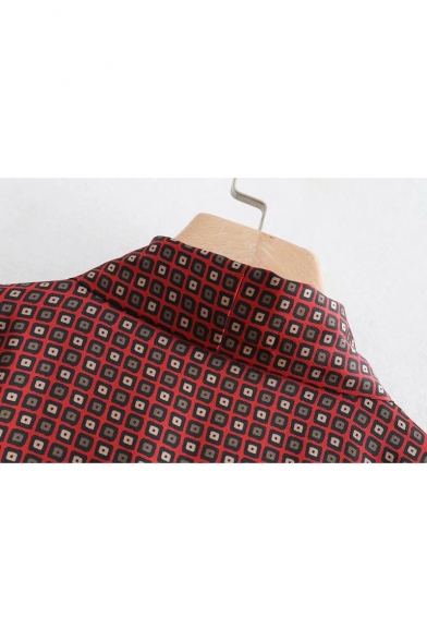Tie Neck Long Sleeve Geometric Printed Leisure Button Down Burgundy Shirt