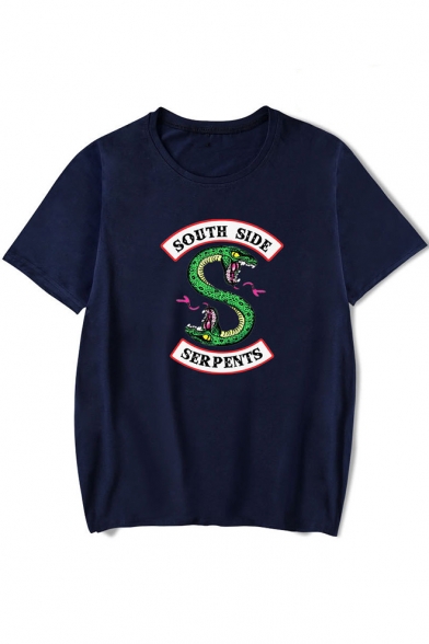 Trendy Snake Logo Letter SOUTH SIDE Print Basic Short Sleeve Round Neck Casual Graphic Tee