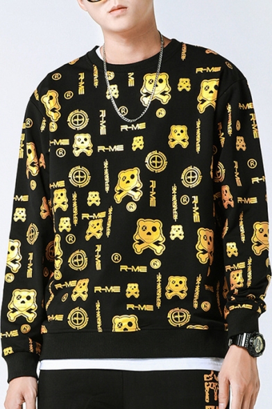 Unique Fashion All Over Gold Stamp Cartoon Printed Crewneck Loose Fit Black Pullover Sweatshirt for Guys
