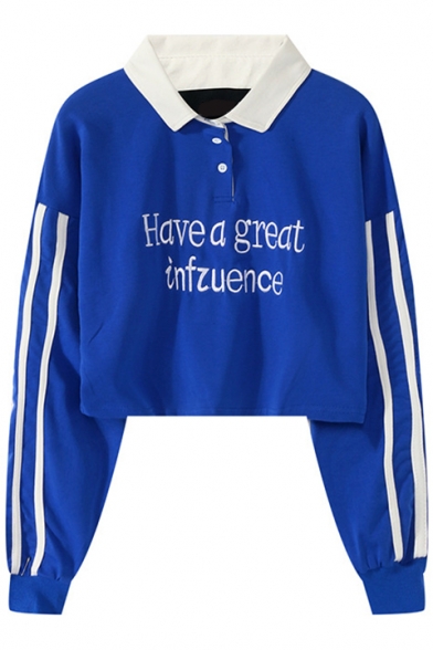 Unique Letter HAVE A GREAT INFZUENCE Printed Striped Long Sleeve Button-Embellished Lapel Collar Cropped Sweatshirt