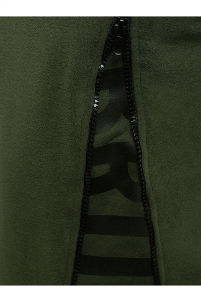 Unique Split Side Zip Letter Print Patchwork Long Sleeve Crewneck Regular Fitted Sweatshirt