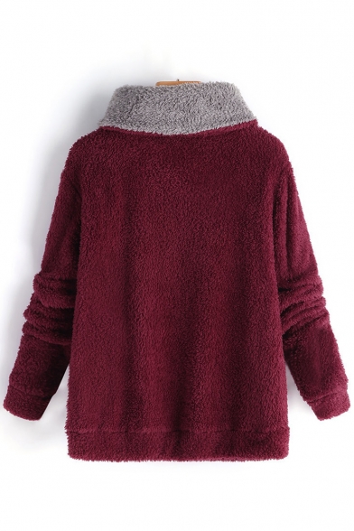 Contrast Collar Side Zip Closure Long Sleeve Warm Fluffy Pullover Sweater