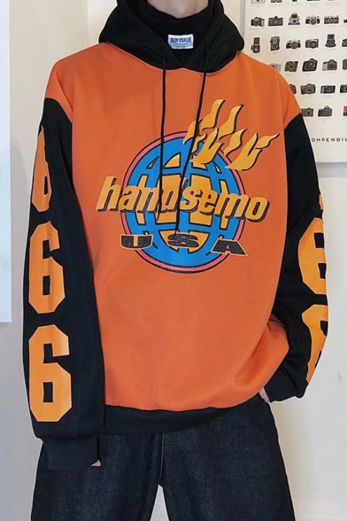 Cool Fire Letter HANDSEMO USA Print Number 666 Long Sleeve Colorblock Oversized Hoodie