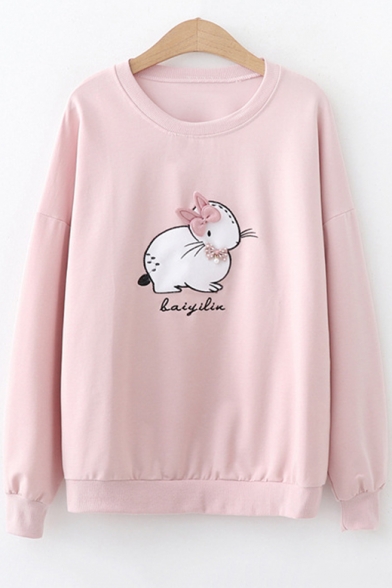 Crewneck Long Sleeve Round Neck Cute Cartoon Bunny Letter Printed Bow Patch Leisure Pullover Sweatshirt