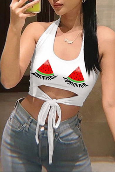 Cute Funny Eyelash Watermelon Pattern Halter Neck Tied Front Cropped White Tank Top