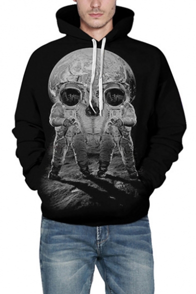 Fashion 3D Unique Skull Astronaut Printed Long Sleeve Casual Black Hoodie