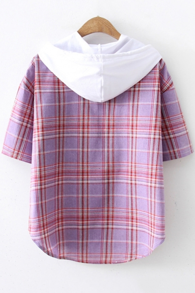Fashion Plaid Printed Short Sleeve Drawstring Hooded Button Front Shirt
