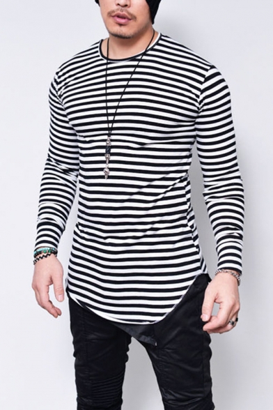 Fashion Striped Print Round Neck Long Sleeve Round Hem Fitted Basic T-Shirt