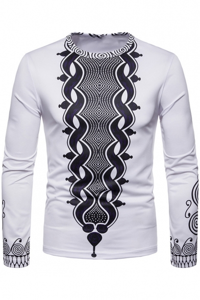 Fashion Tribal Print Round Neck Long Sleeve White Fitted T-Shirt for Men