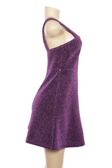 Fashion Zip Front Wide Straps Stylish Mini A-Line Purple Sequined Cami Dress for Party