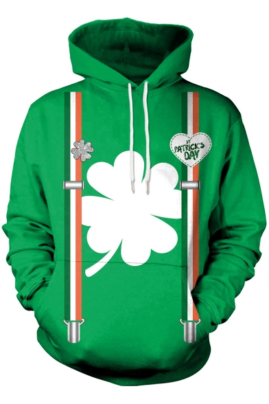 Green 3D St.Patrick's Day Leaf Printed Long Sleeve Casual Drawstring Hoodie