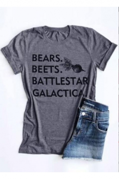 Grey Fashion Letter BEARS BEETS Pattern Short Sleeve Casual Graphic T-Shirt