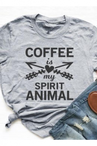 Grey Funny Letter COFFEE IS MY SPIRIT ANIMAL Printed Basic Round Neck Short Sleeve Graphic T-Shirt