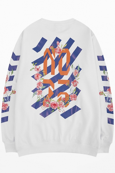 Guys Hip Hop Fashion Floral Letter Striped Printed Crew Neck Long Sleeve Oversize Pullover Sweatshirt