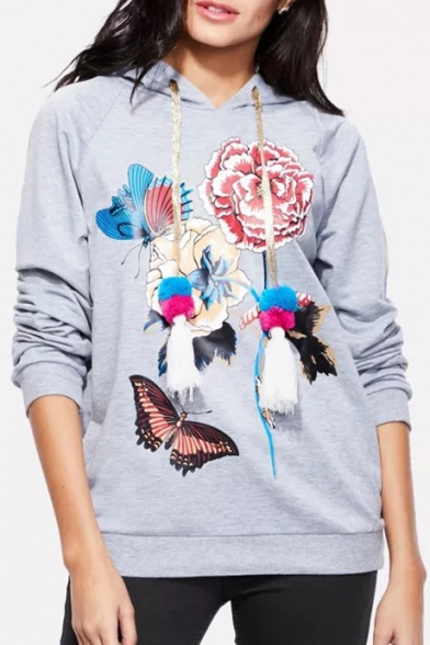 Hot Popular Butterfly Floral Printed Long Sleeve Loose Fitted Drawstring Light Hoodie