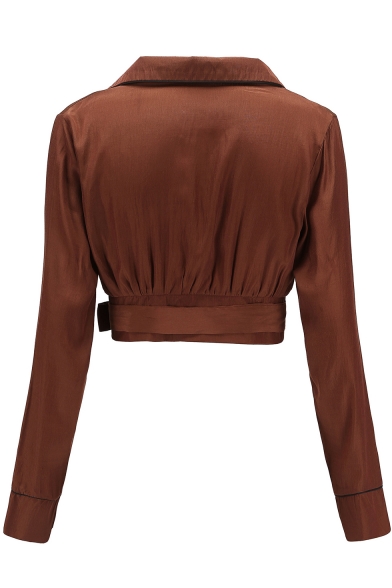 Ladies Chic Contrast Piping Notched Lapel Collar Bow-Tied Waist Cropped Brown Blouse