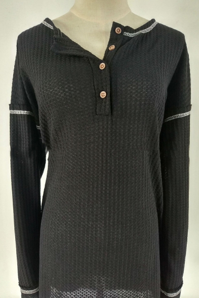 Loose Casual Round Neck Long Sleeve Button Embellished Front Contrast Piping Sweater