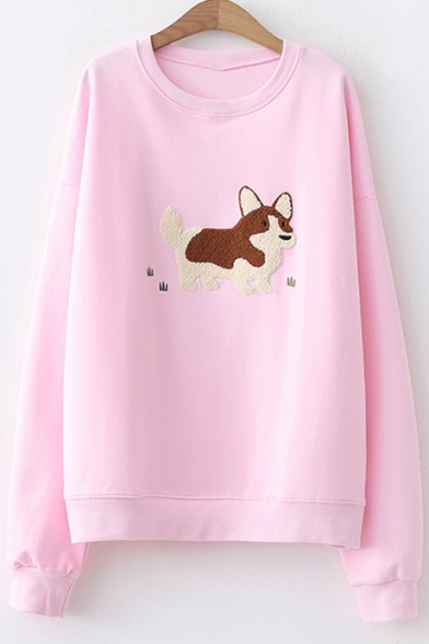 Lovely Cartoon Dog Embroidered Round Neck Long Sleeve Loose Fit Pullover Sweatshirt