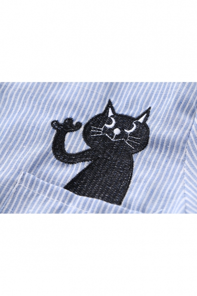 Lovely Cartoon Letter Cat Embroidered Pocket Long Sleeve Striped Button Shirt