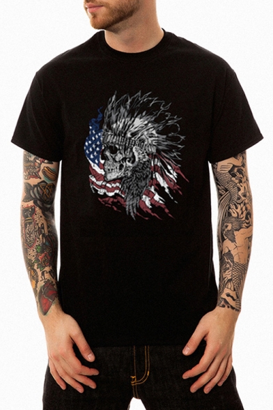 Men's Short Sleeve Cool Flag Skull Pattern Street Fashion Loose Fit T-Shirt