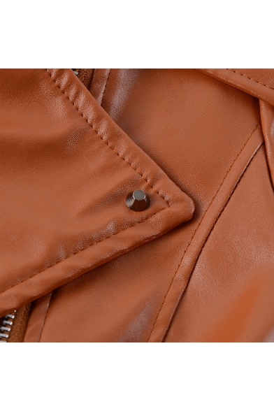 Multi Zip Embellished Long Sleeve Lapel Collar Plain Brown PU Jacket