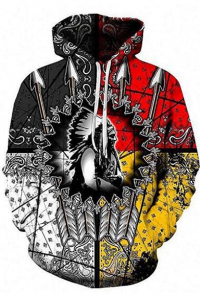 New Arrival Fashion 3D Colorblock Indian Figure Print Pullover Box Hoodie