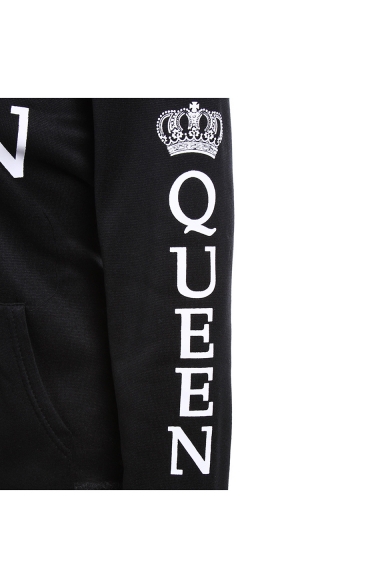 New Fashion Popular Letter KING QUEEN Crown Printed Black Fitted Hoodie for Couple