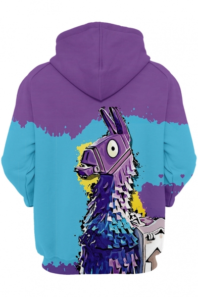 Popular 3D Cartoon Animal Print Colorblock Sports Casual Blue and Purple Hoodie