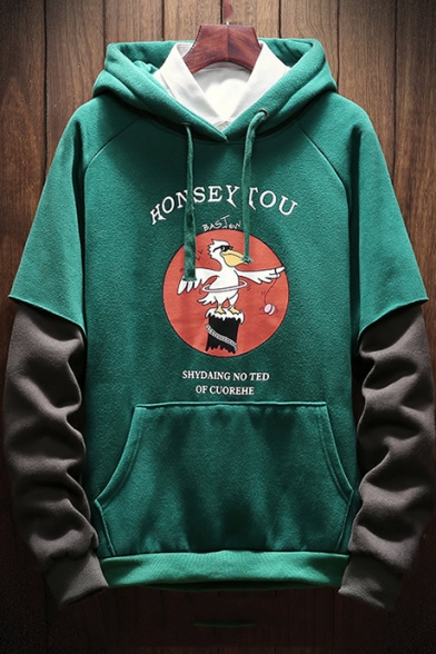Popular Letter HONSEY YOU Cartoon Duck Printed Layered Patched Long Sleeve Casual Loose Hoodie for Teenagers