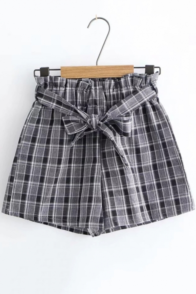 Retro Plaid Printed Ruffled Hem Bow-Tied Waist Casual Loose Shorts for Girls