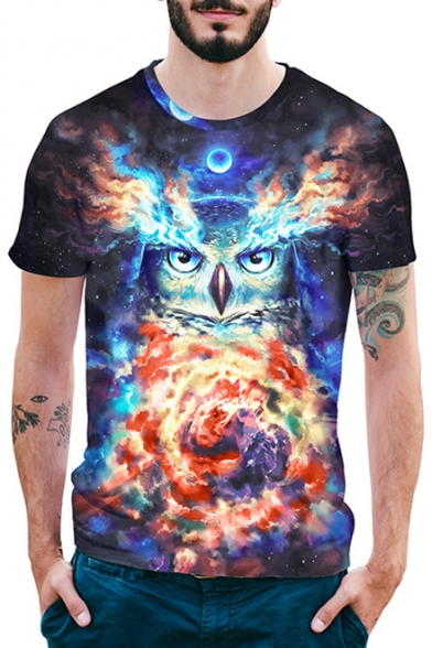 Short Sleeve Crewneck Blue 3D Night Owl Pattern Summer Fitted T-Shirt