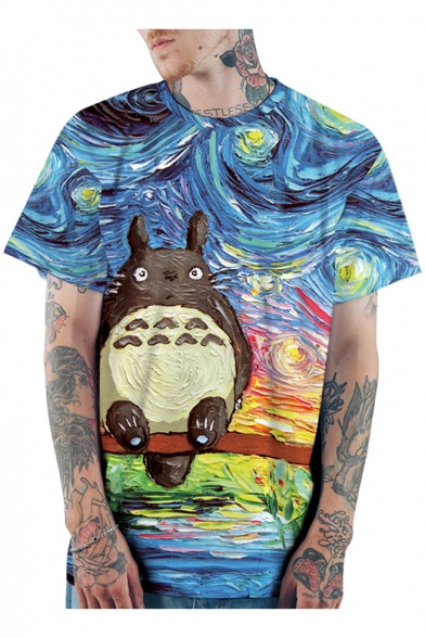 Stylish 3D Blue Oil Painting Totoro Print Short Sleeve Loose Casual Tee
