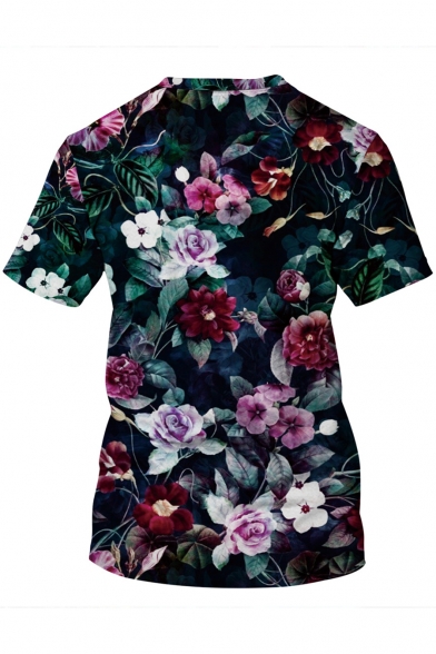 Stylish 3D Floral Printed Basic Short Sleeve Loose Fit Navy T-Shirt