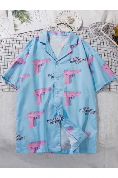 Summer Holiday Beach Fashion Letter Gun Print Notched Lapel Collar Short Sleeve Sky Blue Button Shirt