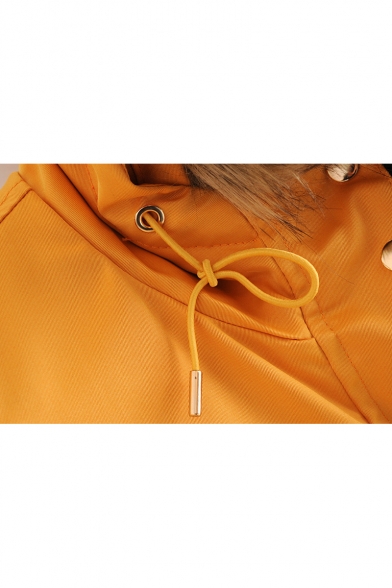 Thick Long Sleeve Zip Placket Plain Drawstring Waist Hooded Coat with Pockets