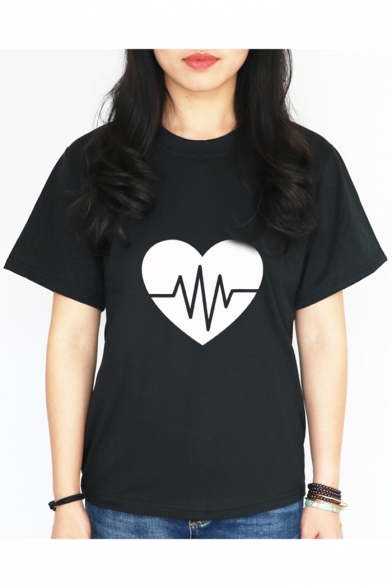 Trendy Heart Printed Short Sleeve Crewneck Loose Casual T-Shirt