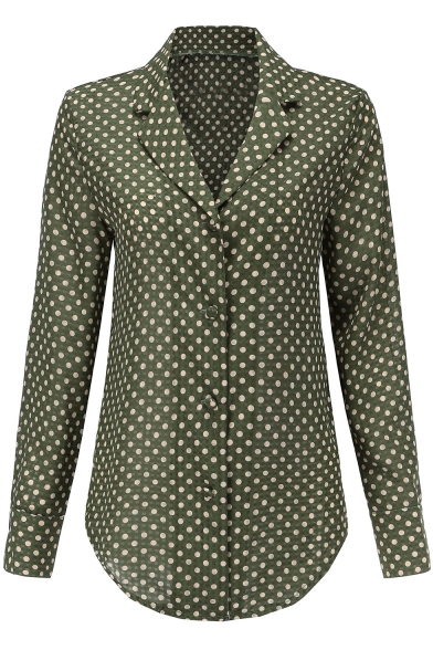 Vintage Green Polka Dot Printed Notched Lapel Collar Long Sleeve Round Hem Casual Button Shirt