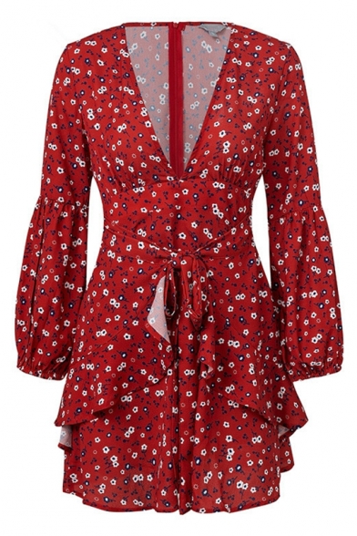 Women's Sexy Plunge Neck Long Sleeve Bow-Tied Waist Ruffle Hem Floral Print Mini A-Line Red Dress