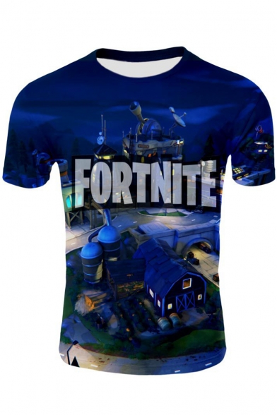 Cool 3D Game Fortnite Castle Printed Fitted Blue T-Shirt