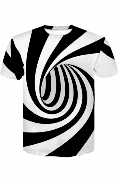Cool 3D Striped Whirlpool Print Black and White Casual T-Shirt