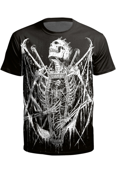 Cool Skull Skeleton Printed Basic Short Sleeve Classic-Fit T-Shirt in Black