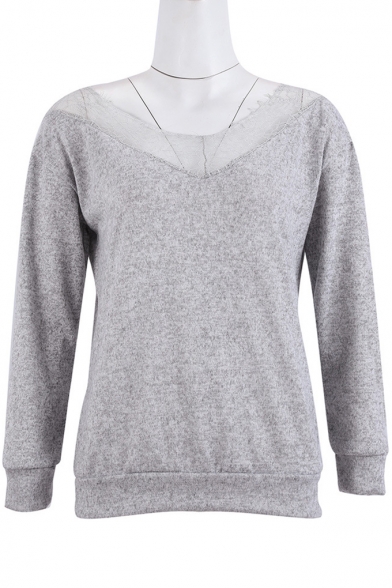 Fashion Sheer Lace-Inserted V-Neck Long Sleeve Basic Plain Pullover Sweater
