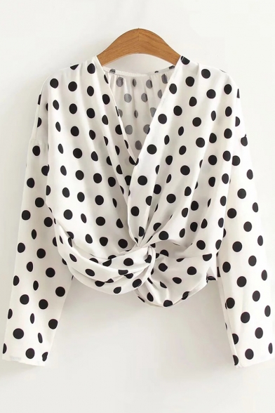 Fashion Twist V-Neck Polka Dot Printed Long Sleeve Blouse