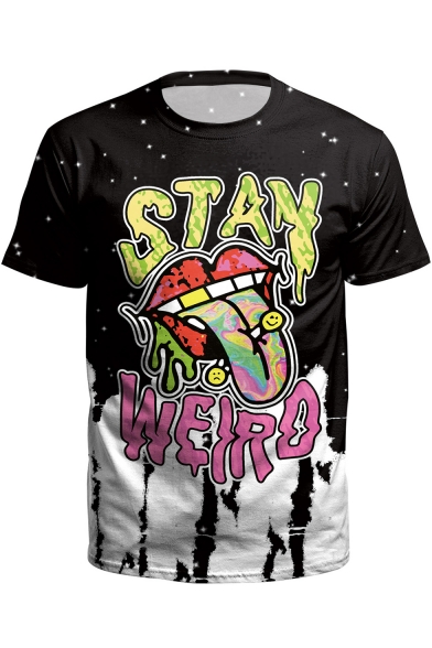 Funny 3D Letter STAY WEIRD Tongue Print Short Sleeve Black Graphic T-Shirt for Men