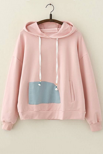 Girls Basic Simple Patched Long Sleeve Loose Fit Drawstring Hoodie