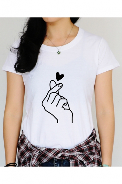 Hot Popular Gesture Heart Printed Short Sleeve Crewneck Loose Sports T-Shirt