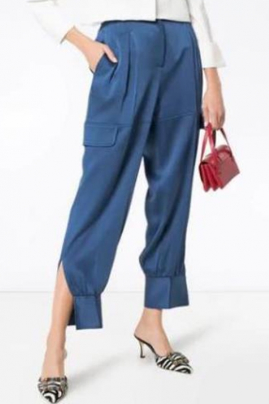 Ladies Elegant High Rise Flap Pocket Side Split Cuff Loose Fitted Plain Blue Pants