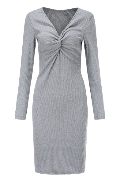 Ladies Graceful Chic Twist V-Neck Long Sleeve Simple Plain Mini Grey Knit Pencil Dress